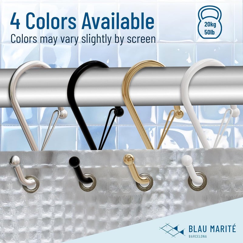 Blau Marité 12 Decorative Metal Shower Curtain Hooks, S-Shaped Hooks with Anti-Fall System, Rust-Proof Shower Rings with Safety Buckle, Fits Rods Up to 1-Inch Diameter (S, Gold) - Image 5